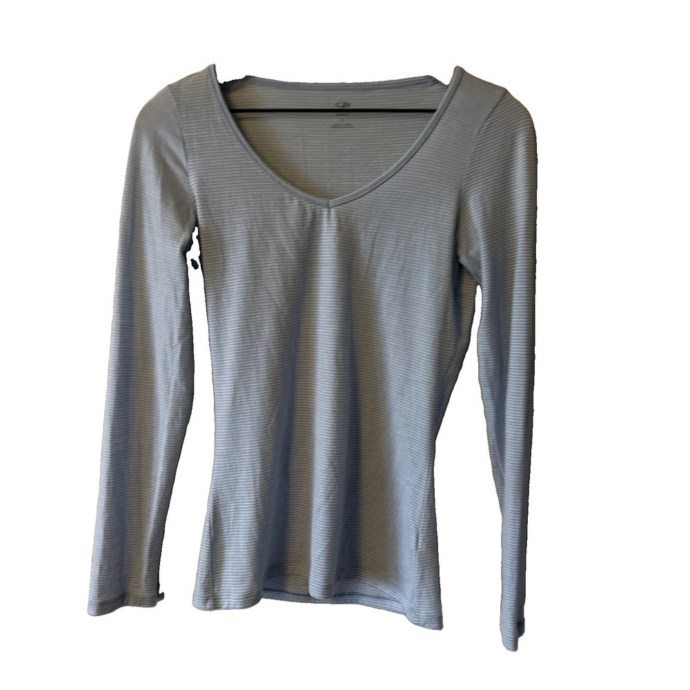 Icebreaker Blue Striped Merino Wool V-Neck Long Sleeve Top Womens Small